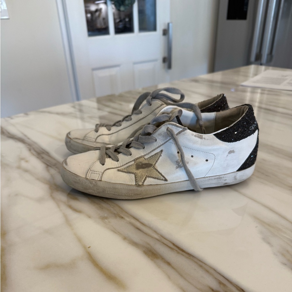 Golden Goose with gold star and black glitter, Size 38 (US 8)